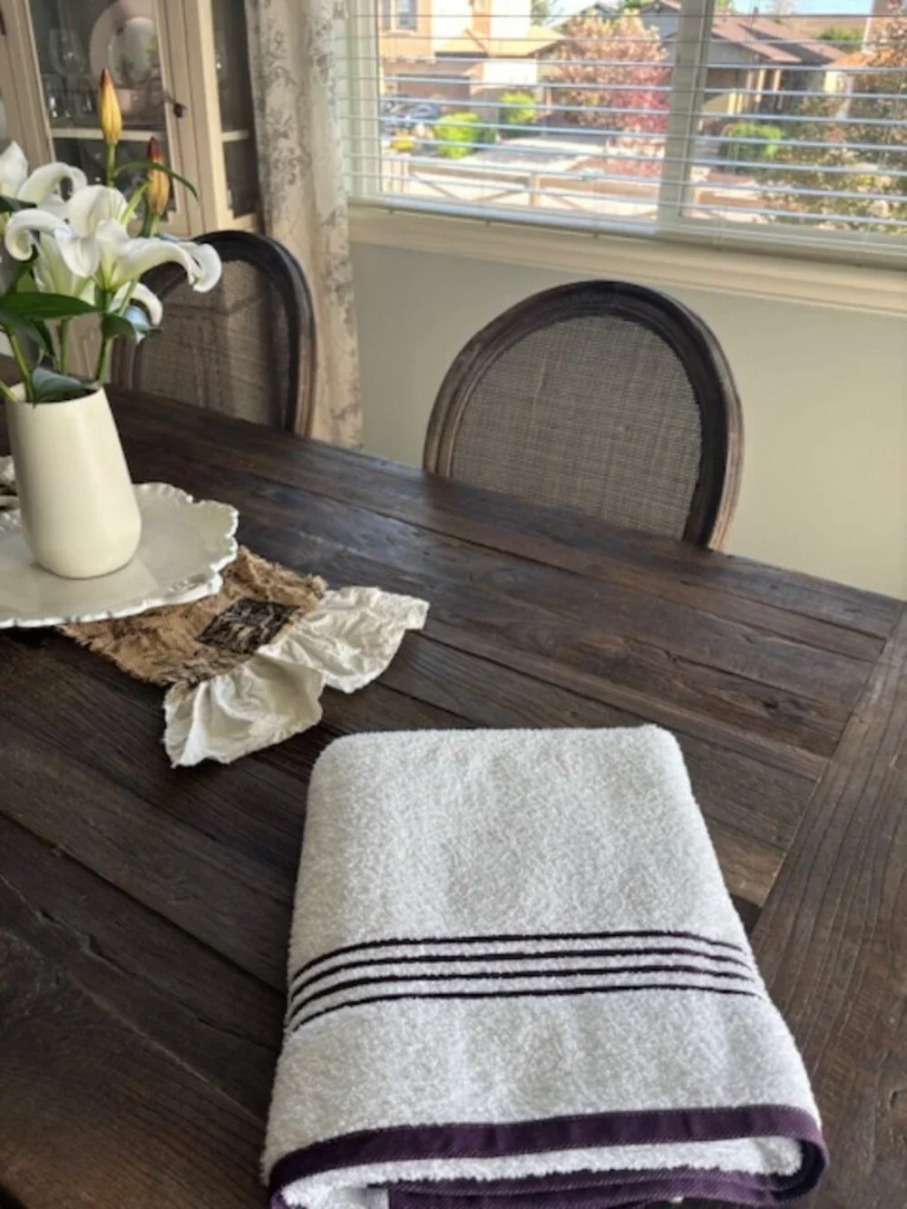 100% Cotton White Towel with Purple Stripes - REDUCED!